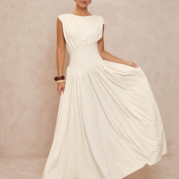 Beige Elegant Women's Bohemian Boat Neck Ruched Waist Flared Hem Dress - Picture 6 of 7